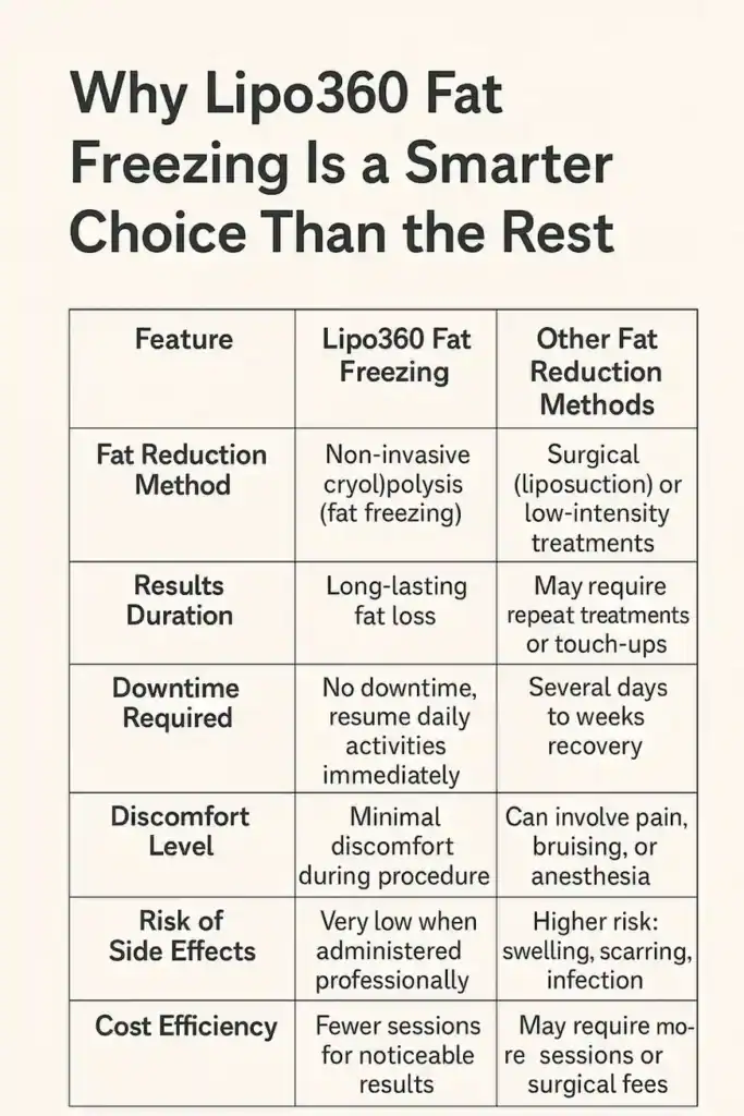 Is it possible to permanently freeze fat cells? 2 Table showing benefits of fat freezing to remove fat cells Derbyshire from Lipo 360